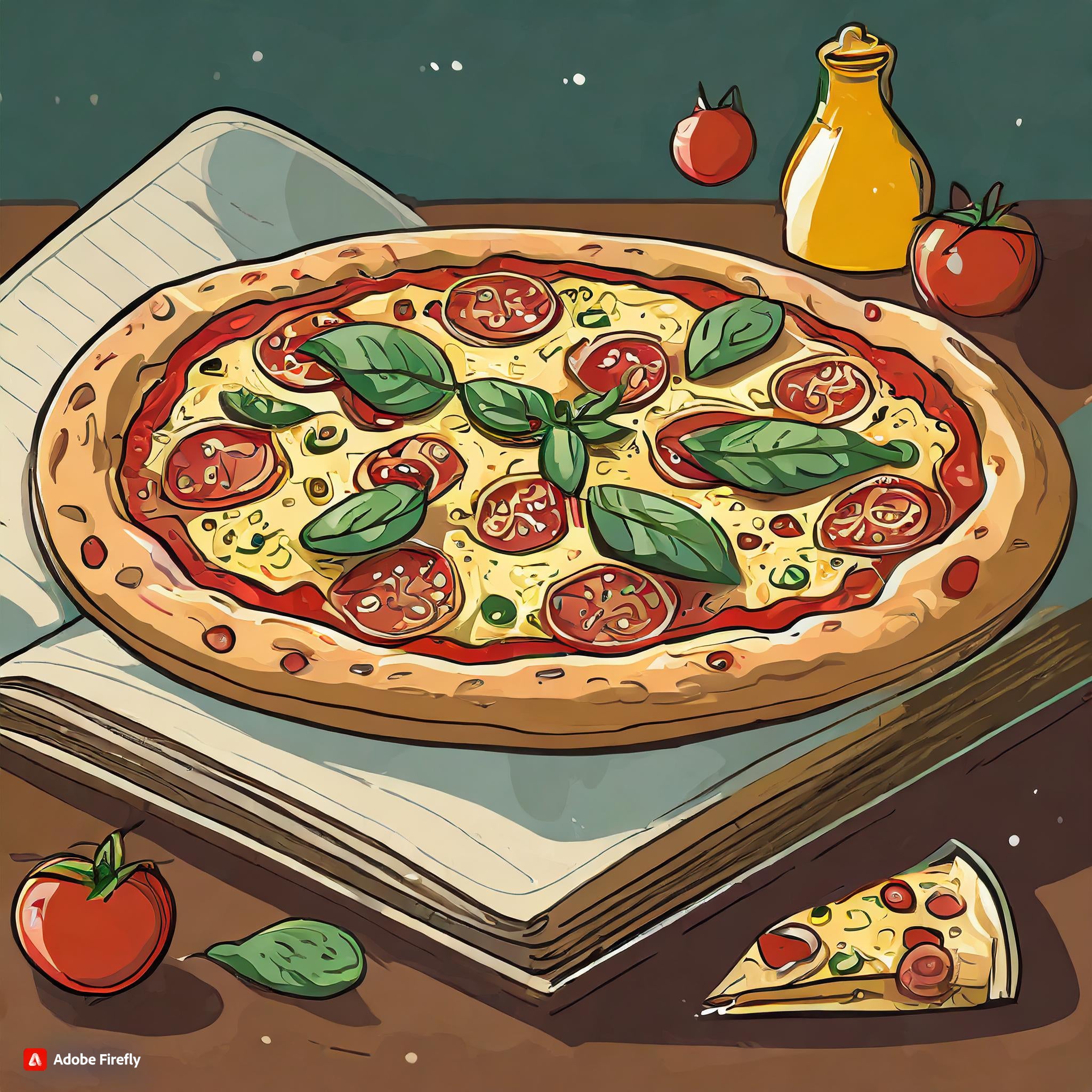 O imagine care arata o pizza desenata intr-un mod cartoonish, pe o carte si cu rosii prin imprejur.